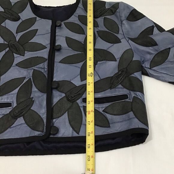 Leather Custom Made Crop Jacket Blue With Flower Petal Crew Neck Cropped Jacket - Picture 6 of 15